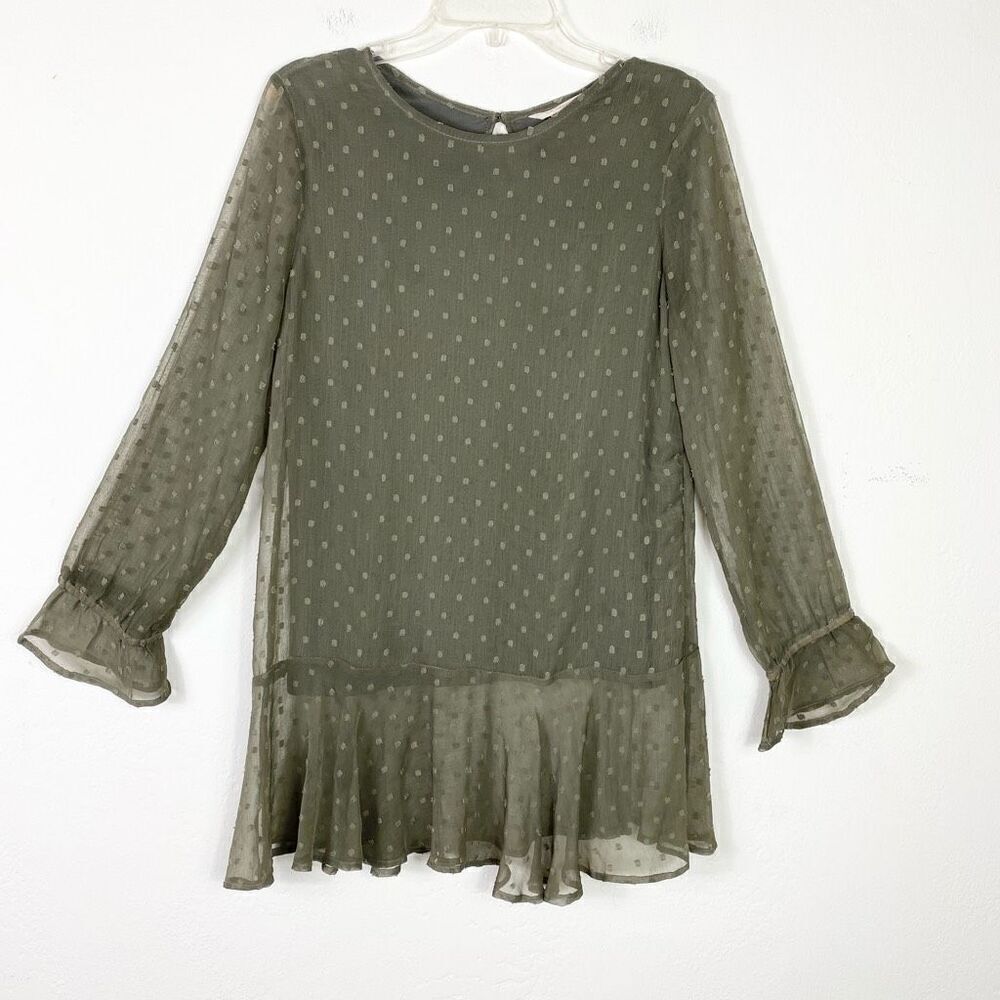 Soft Surroundings Illyria Olive Green Swiss Dot Long Sleeve Tunic Blouse Size XS